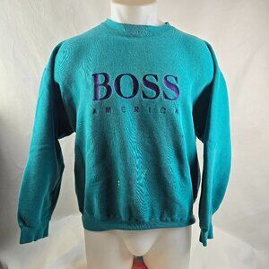 Vintage Hugo Boss America Sweatshirt Mens Large Teal Crewneck Embroidered Paint
